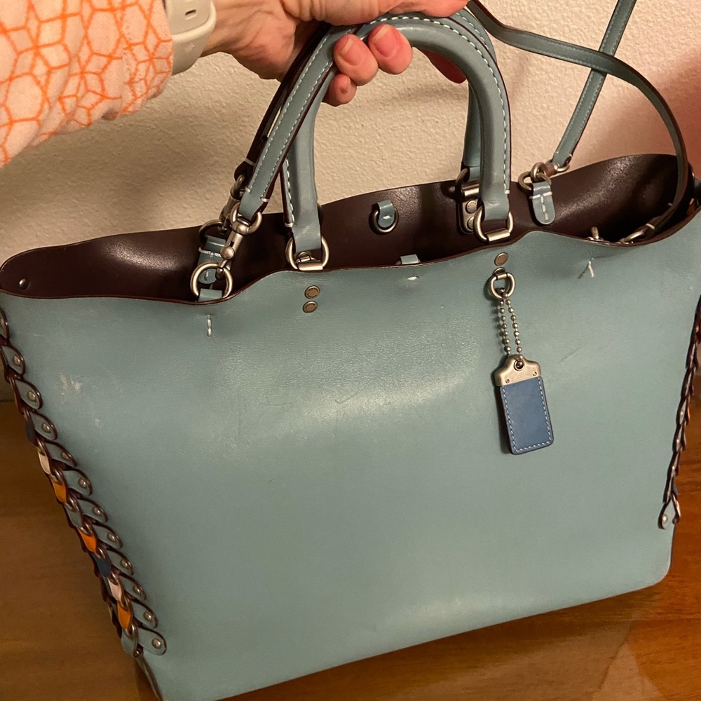 Blue Leather Tote Bag